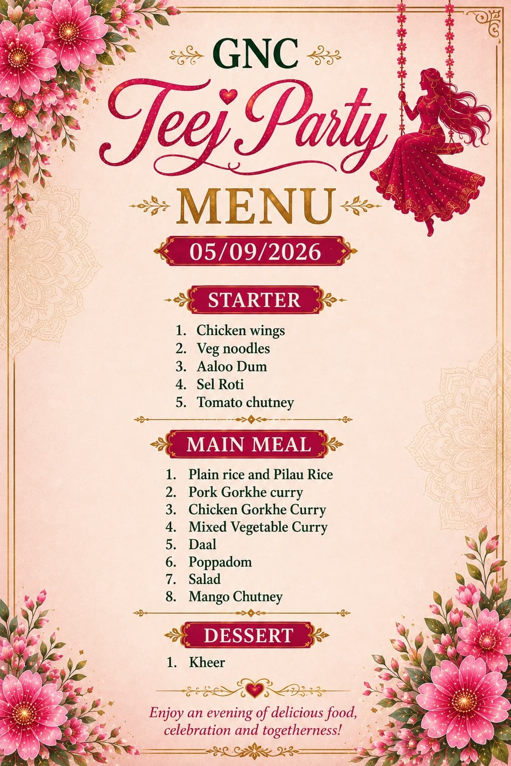 GNC Ladies Teej Party 2026 menu